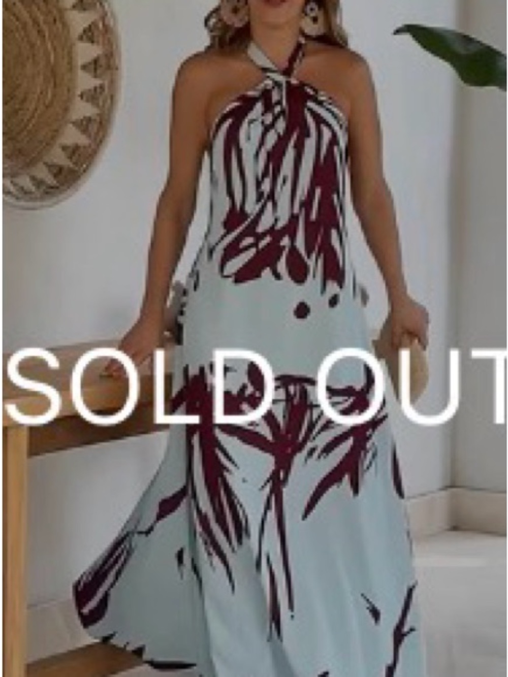 StyleWe Women's Halter Maxi Dress in Light Blue with Wine Floral Print